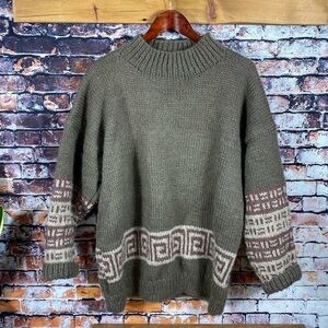 Vintage Hand Knit Crafted Mohair Wool Fisherman Aztec Grey Sweater XL